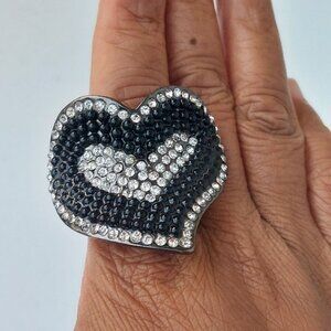 Two Tone Rhinestone Paved Heart Shaped Statement Stretch Ring Triangle Stamp
